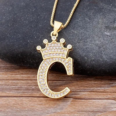 Crown Alphabet C Gold Pendant Necklace