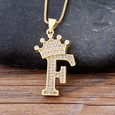 Crown Alphabet F Gold Pendant Necklace