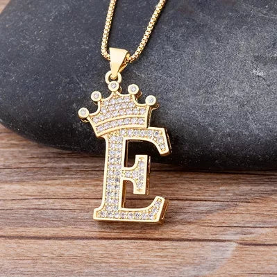 Crown Alphabet E Gold Pendant Necklace