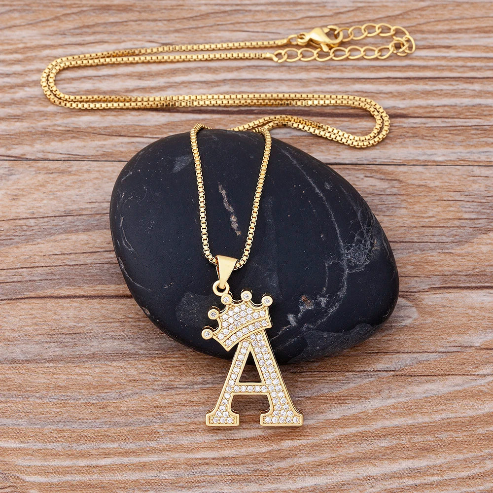 Crown Alphabet A Gold Pendant Necklace