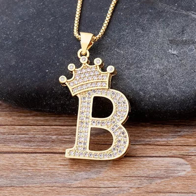 Crown Alphabet B Gold Pendant Necklace
