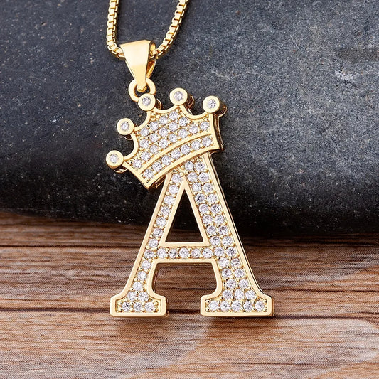 Crown Alphabet Gold Pendant Necklace