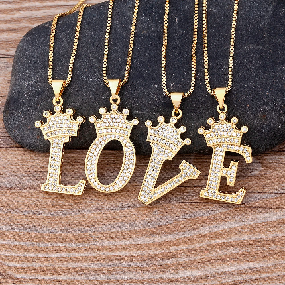 Crown Alphabet Initial Gold Pendant Necklace