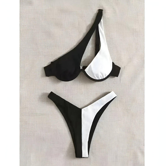 Luxury 2 Piece Patchwork One-Shoulder Black with White Shade Bikini Set