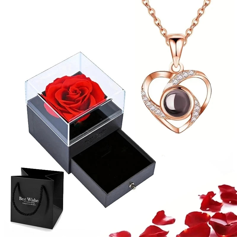 Projection Gold Necklace Set - 100 Languages 'I Love You' - Rose Gift Box