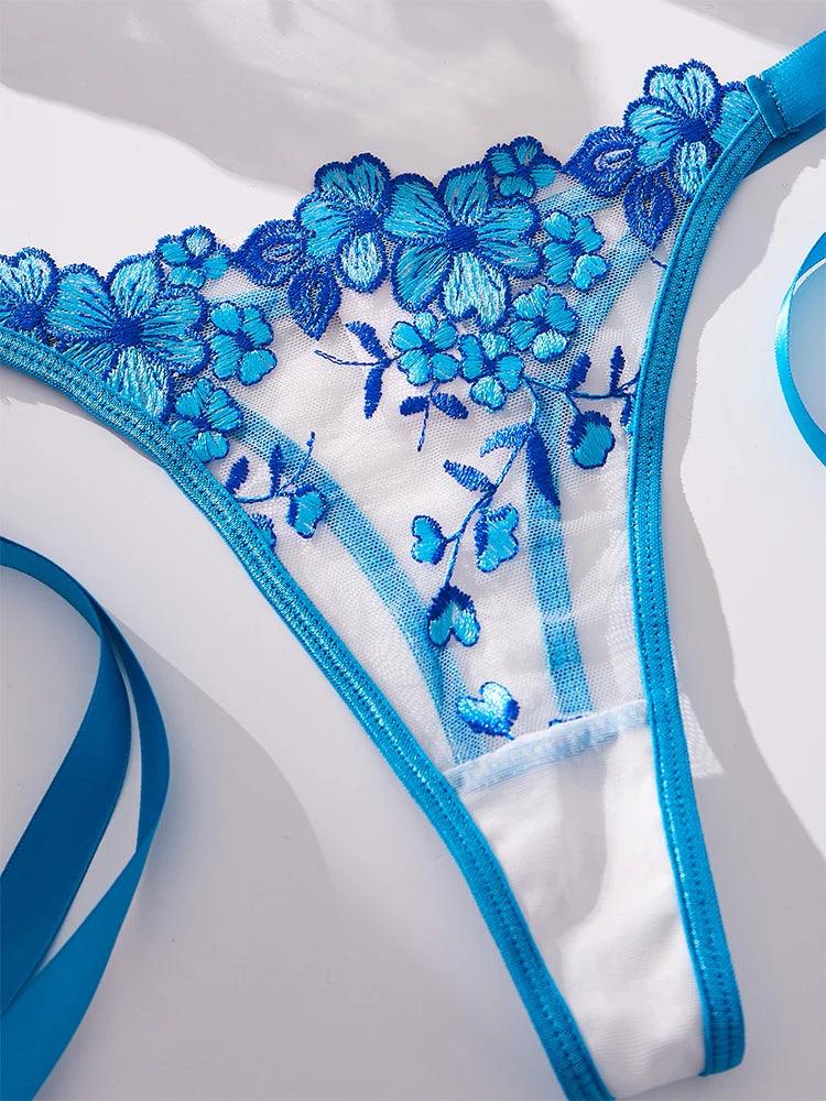 Blue Blossom Romantic Mesh Embroidered Lingerie Set