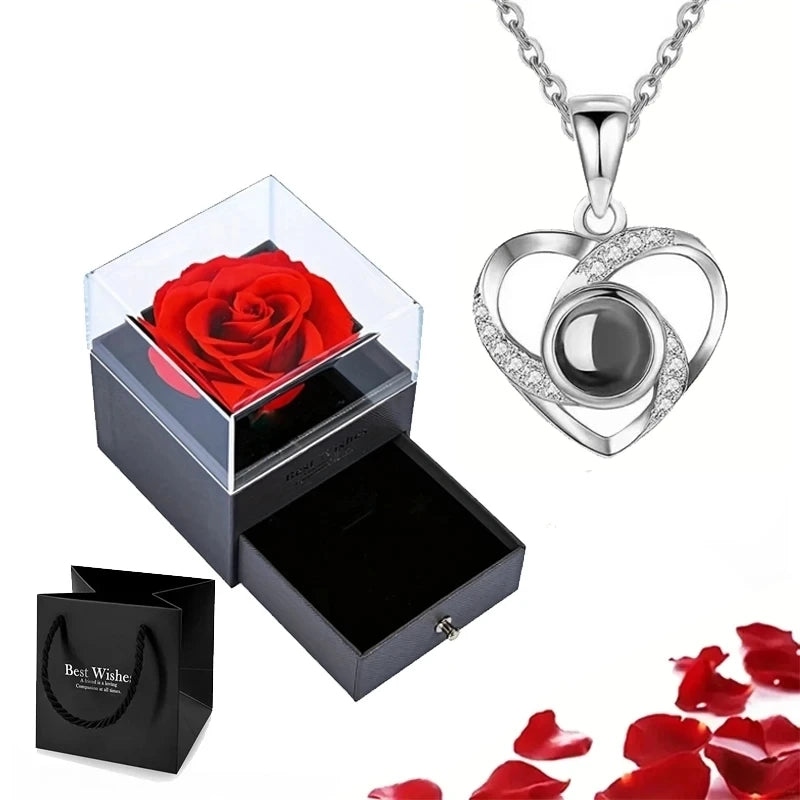 Projection Silver Necklace Set - 100 Languages 'I Love You' - Rose Gift Box