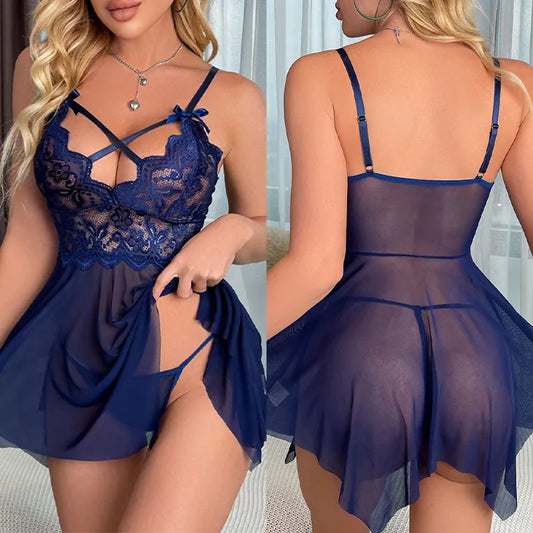 Midnight Temptation: Crotchless Lingerie Set & Nightgown Blue