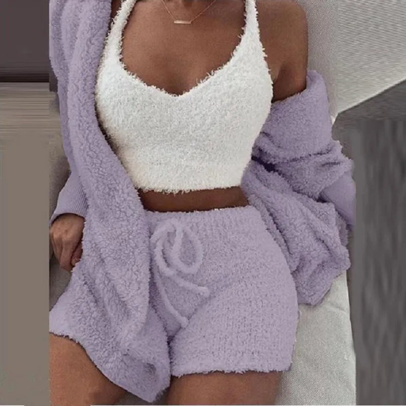 Cozy Fluffy Winter Pajama Set: Women's 3-Piece Leisurewear