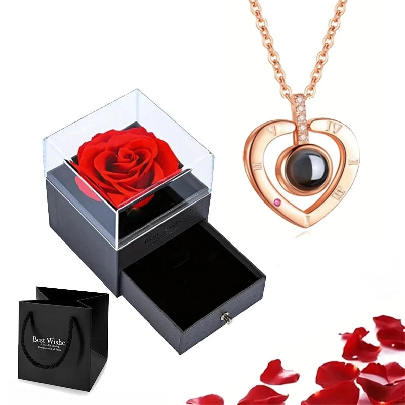 Projection Gold Necklace Set - 100 Languages 'I Love You' - Rose Gift Box