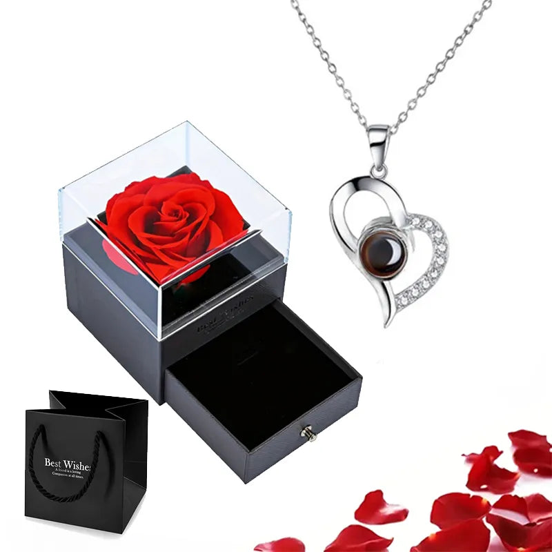 Projection Silver Necklace Set - 100 Languages 'I Love You' - Rose Gift Box
