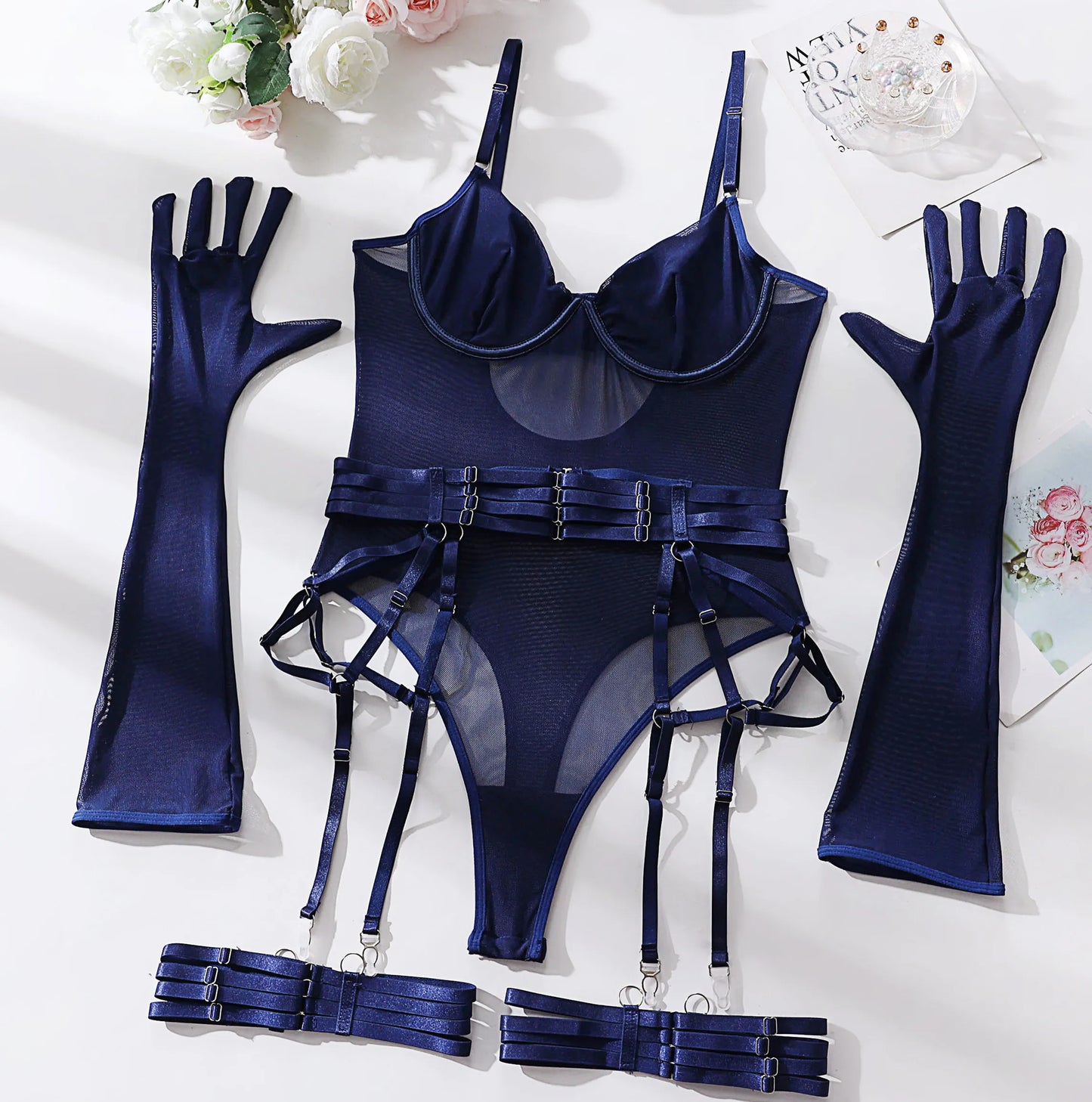 Navy Blue Lace Bodysuit Lingerie with Gloves