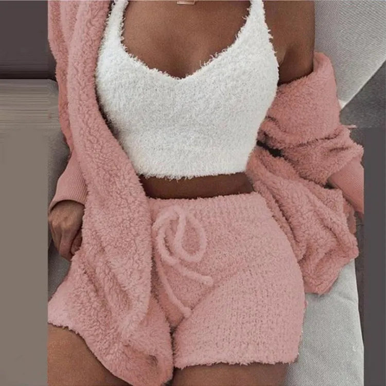 Cozy Pink Fluffy Winter Pajama Set: Women's 3-Piece Leisurewear