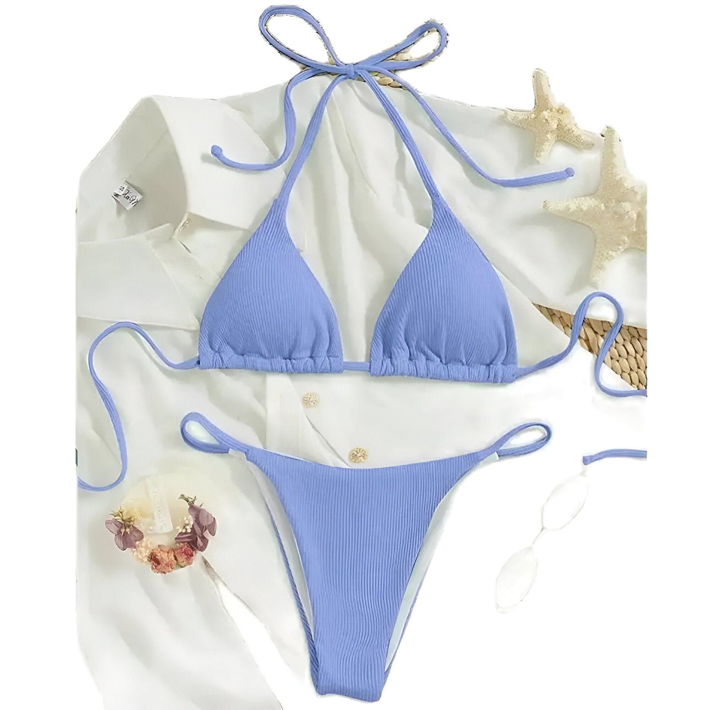 Halter Top Bikini Set: Blue High-Waisted Swimsuit