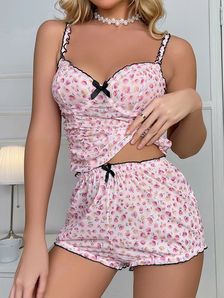 Pink 2 Piece Pajama Set: Women's Sexy Loungewear