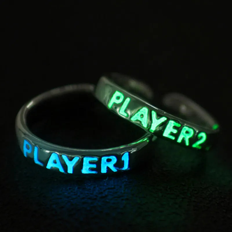 Luminous Player 1 & Player 2 Couple Rings: Glow in the Dark