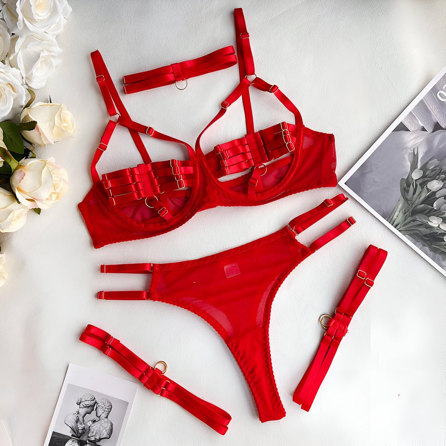 Unveiled Temptations Sensual 5-Piece Red Lingerie Set