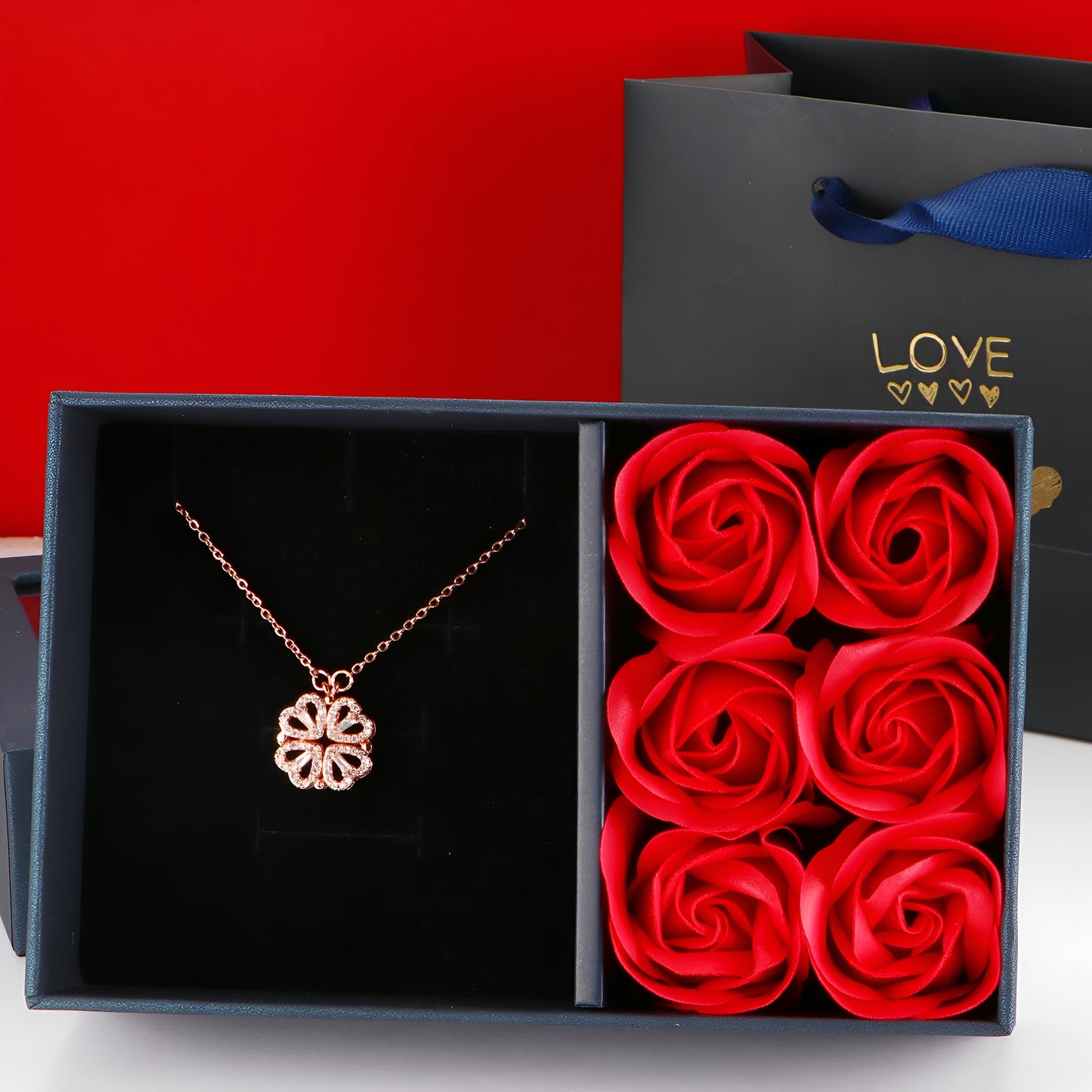 Sweet Luxury 6 Rose Box Foue Leave Clover Pendant Rose Gold Necklace