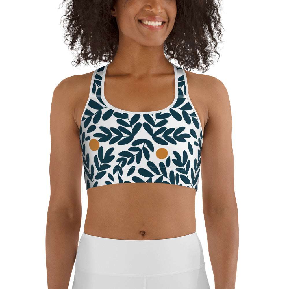Abstract Plant White Sports Bra