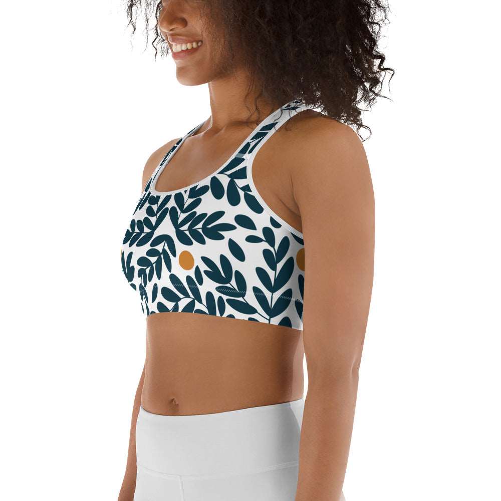 Abstract Plant White Sports Bra