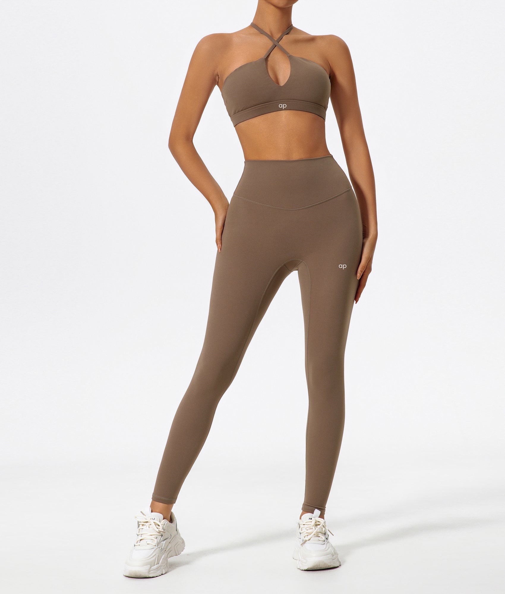 Allure Flow Sculpt Set in Mocha featuring UltraLite lightweight sports bra and high-waist leggings