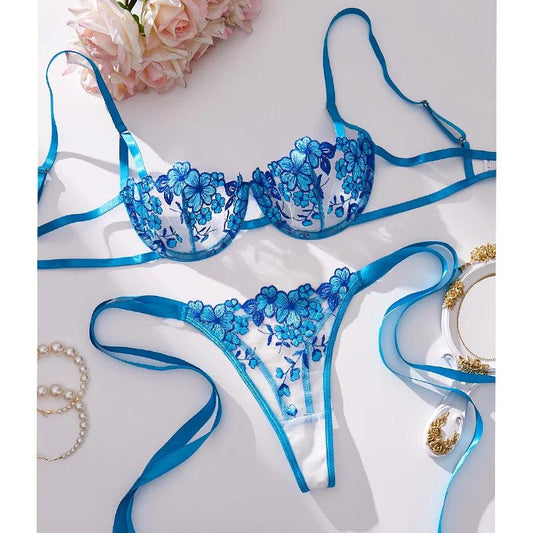 Blue Blossom Romantic Mesh Embroidered Lingerie Set