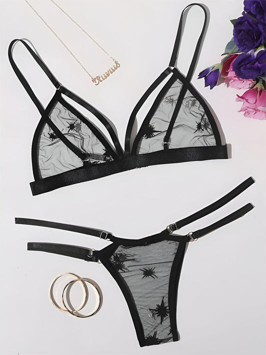 Noir Delicate Black Lace & Embroidered Linen Lingerie Set