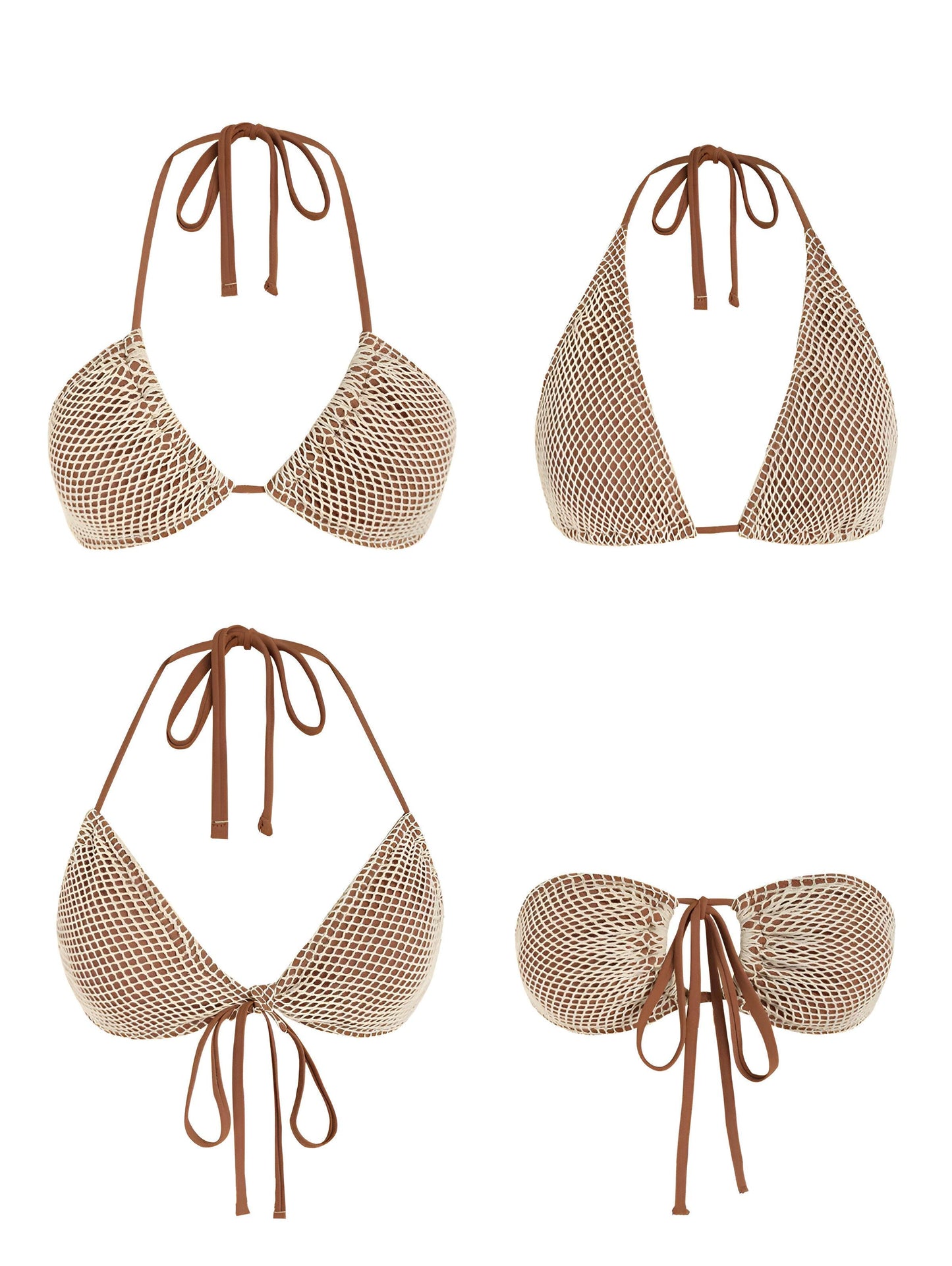 Fishnet Halter Bandeau Two-Piece Coffee Bikini Set