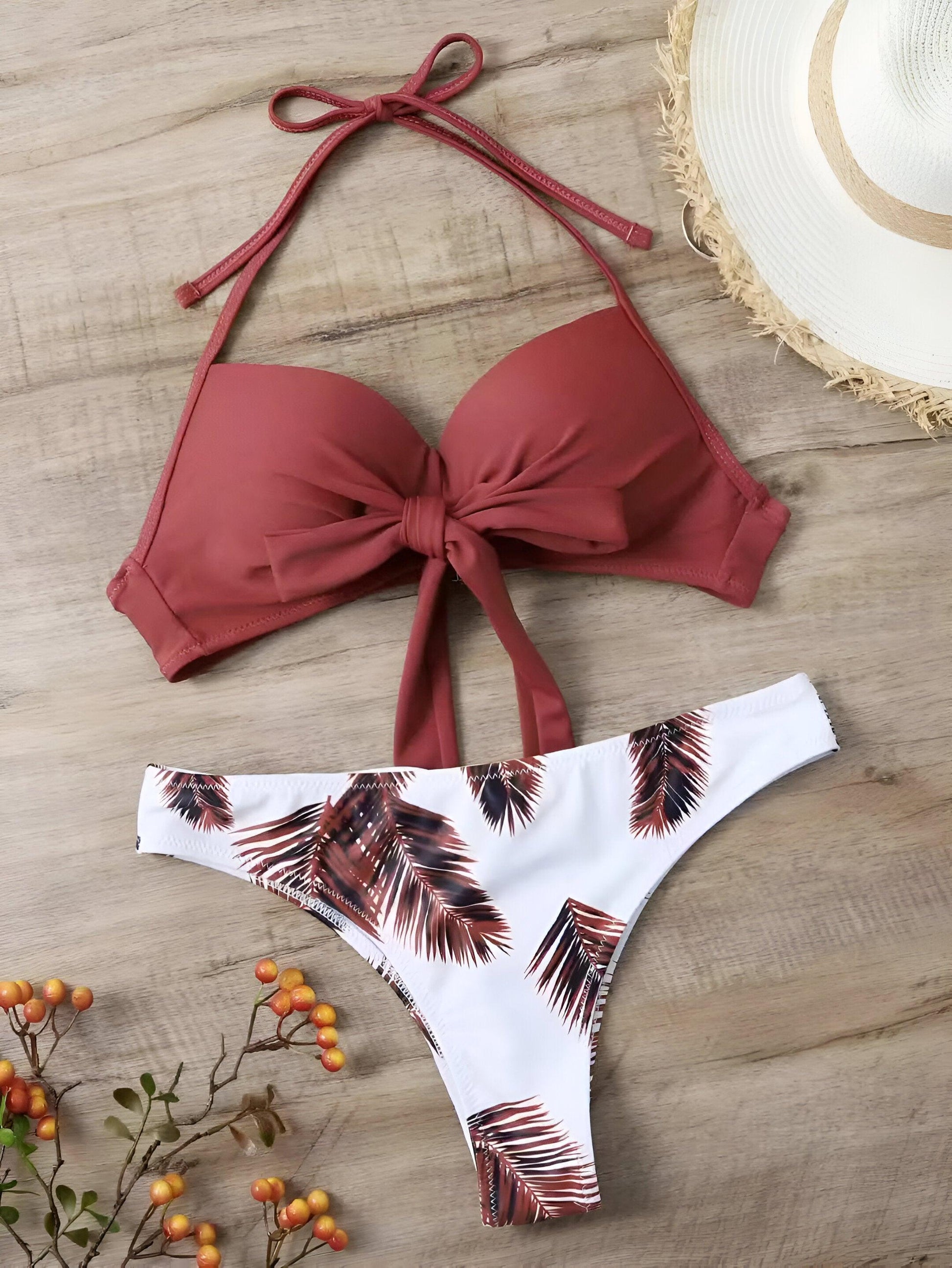 Sexy Brazilian Thong Push-Up Brown Bikini: Printed Swimwear