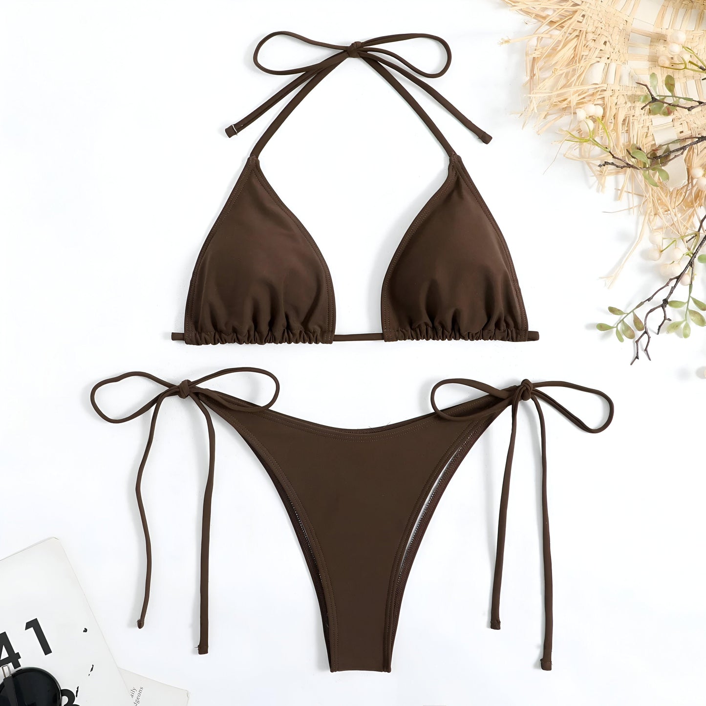 Tropical Temptation: Side Tie Thong Brown Bikini Set