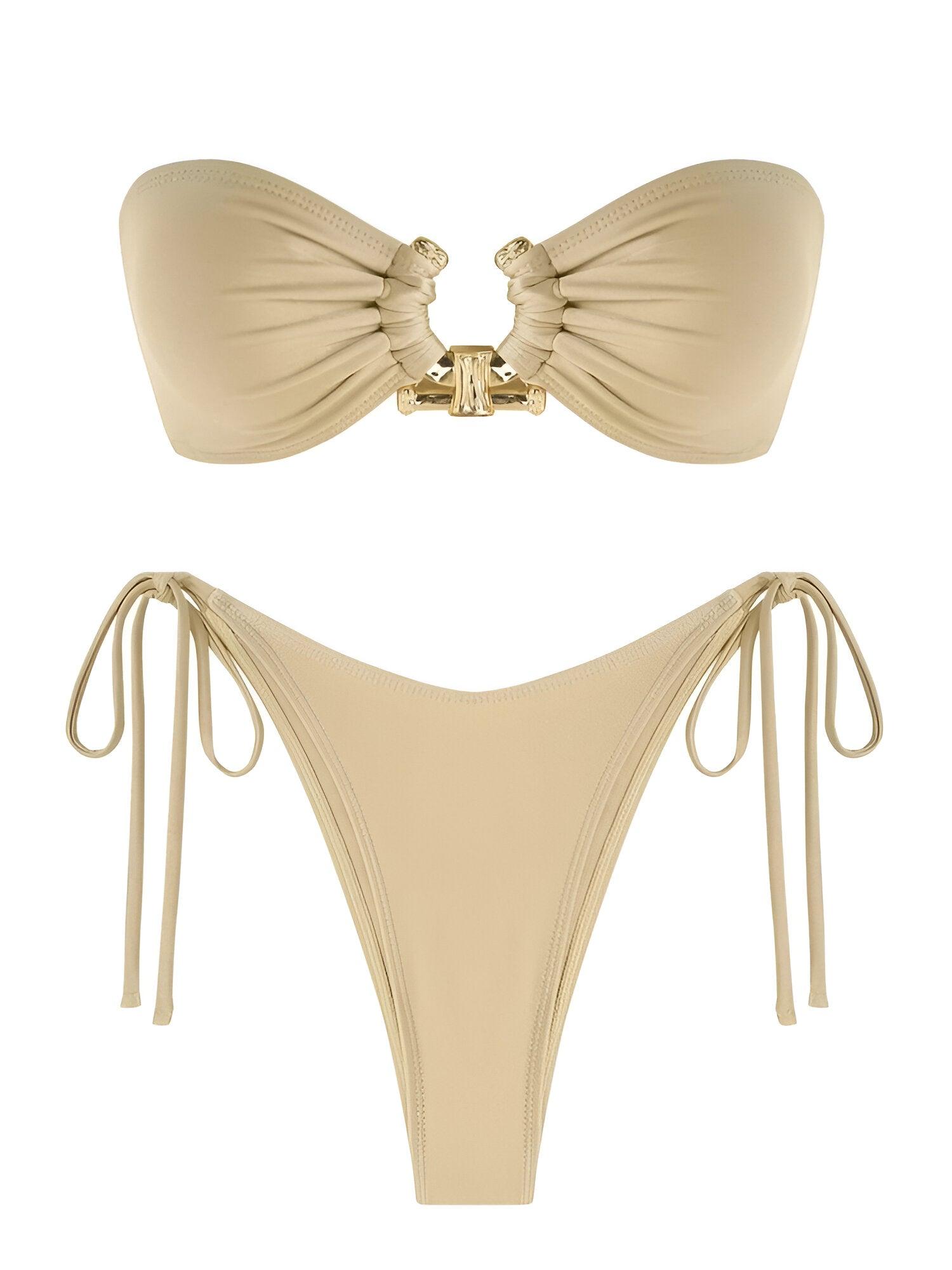 Solid O Ring Bandeau Beige Bikini Set