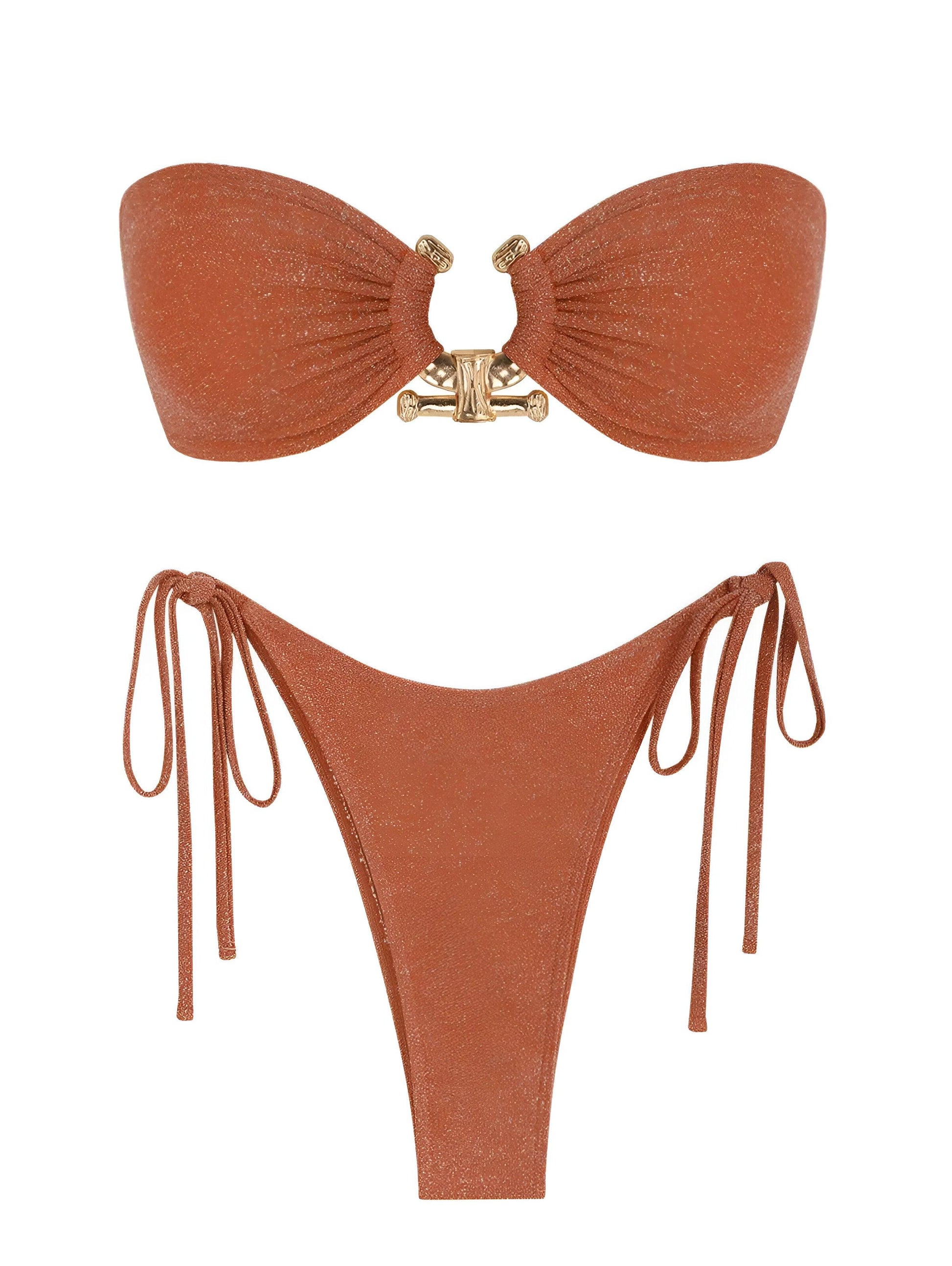 Solid O Ring Bandeau Brown Bikini Set