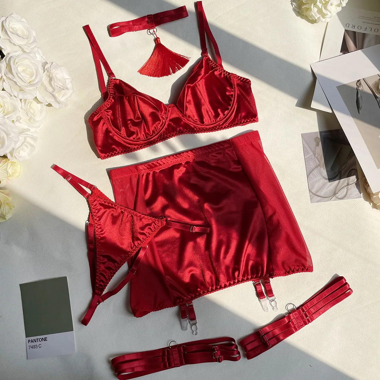 Red Lingerie Set: 5-Piece Garter Kit