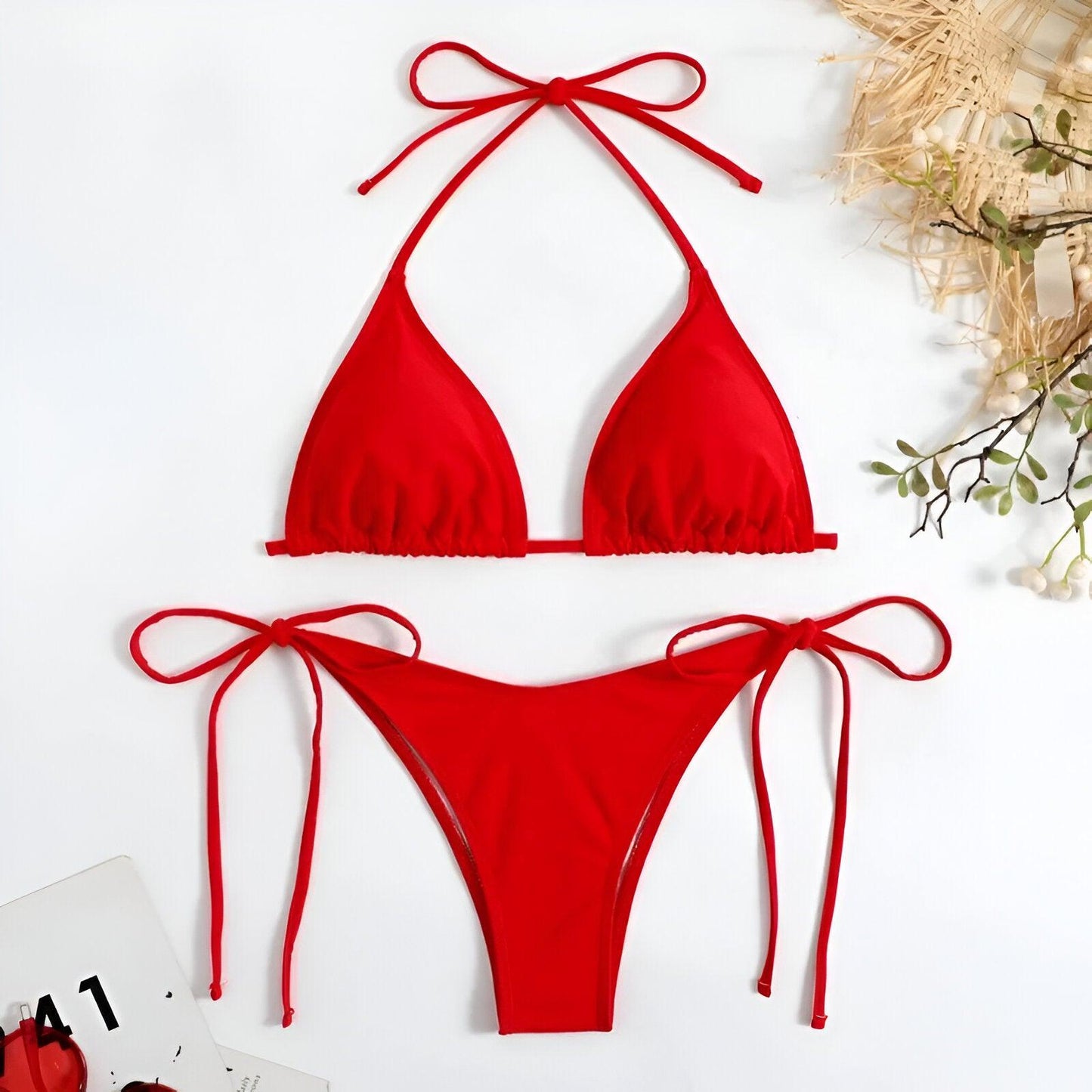 Tropical Temptation: Side Tie Thong Red Bikini Set