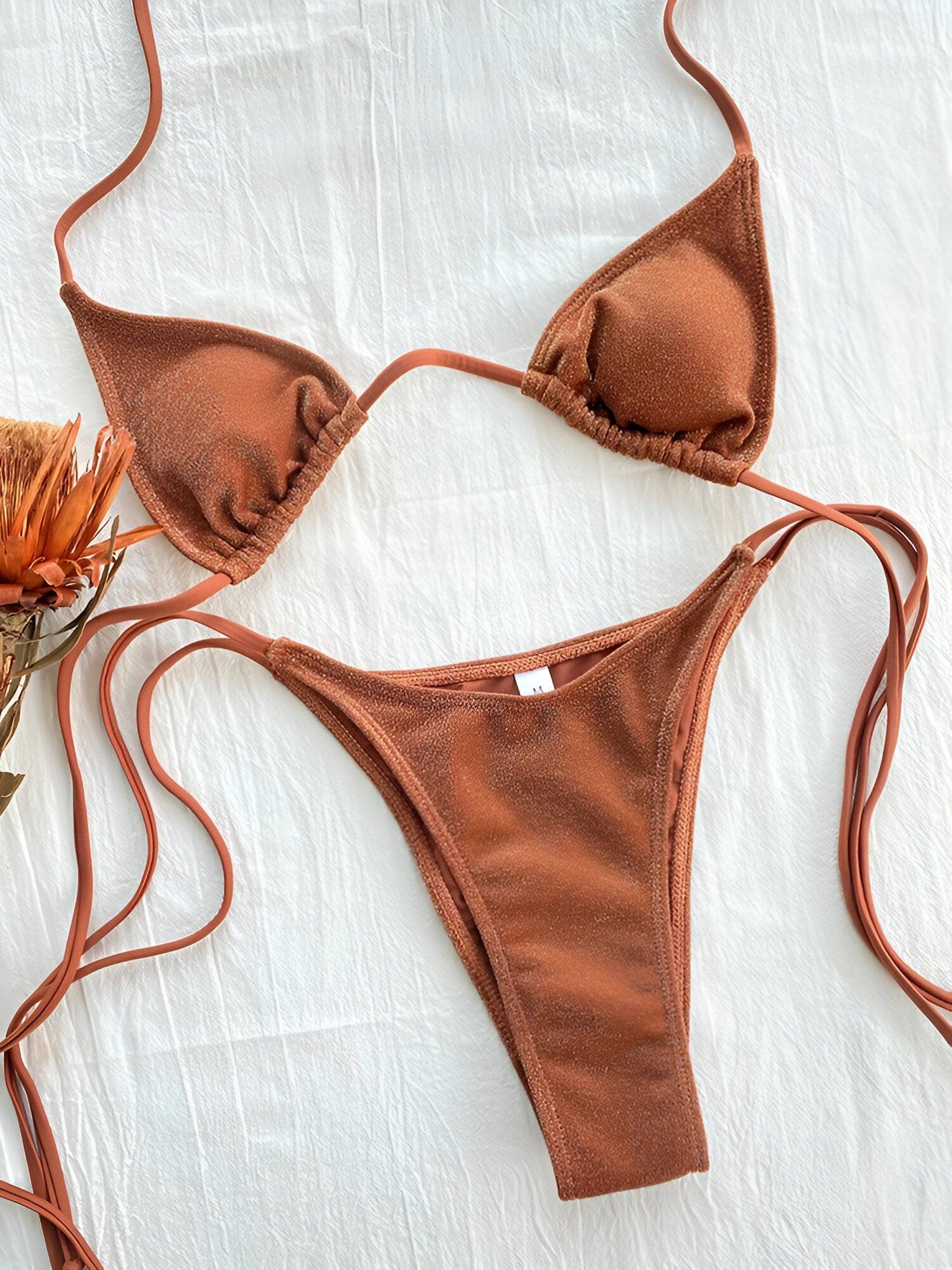 Glimmering Goddess: Shimmering Triangle Brown Bikini Set