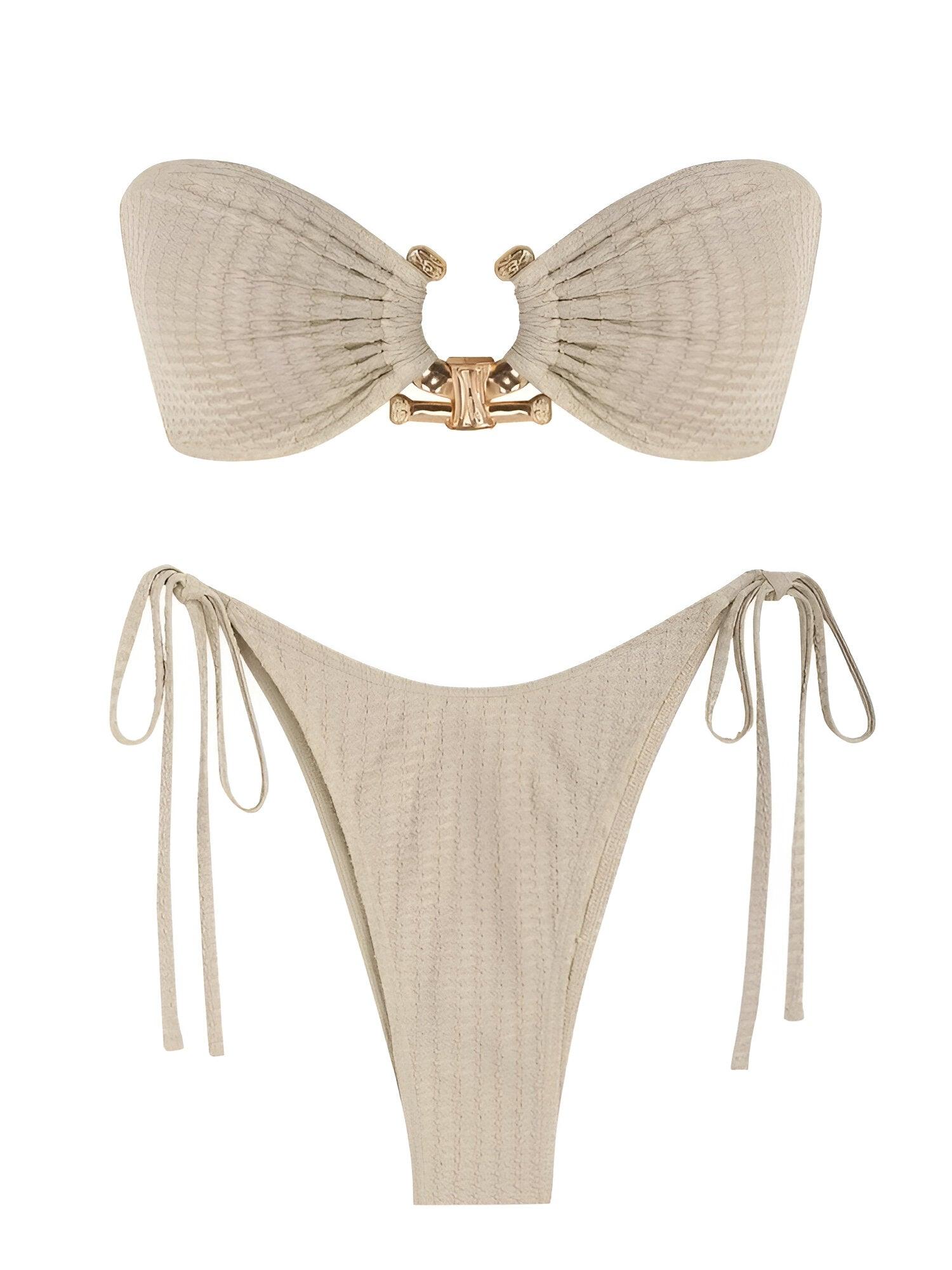 Solid O Ring Bandeau Cream Bikini Set