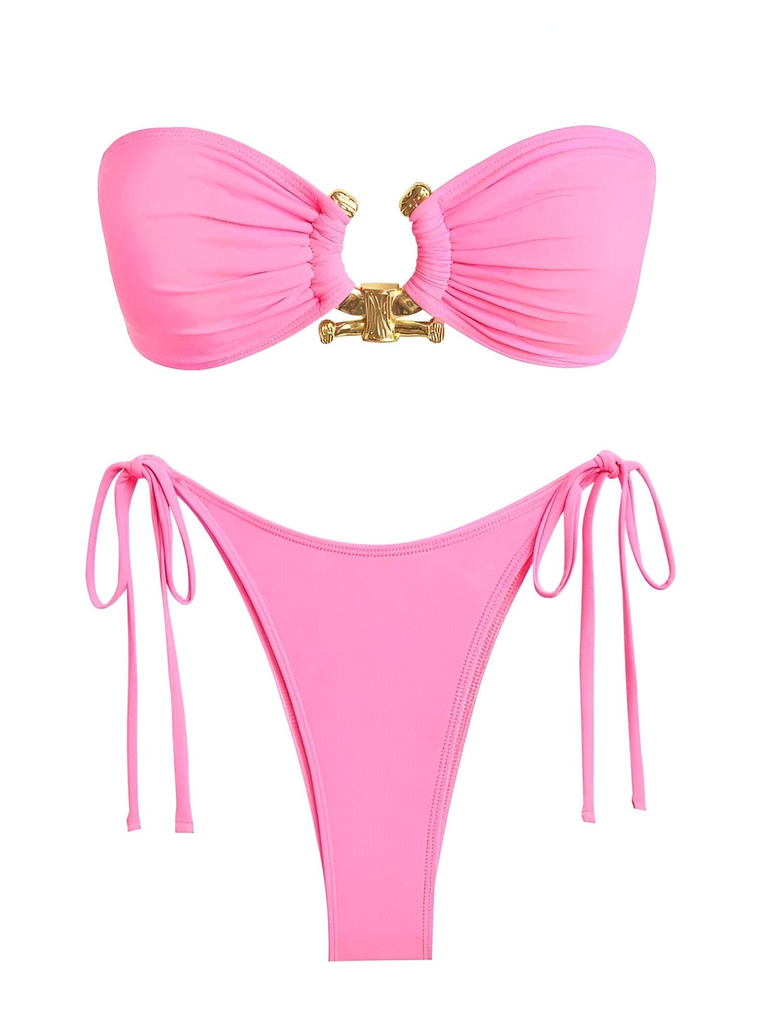 Solid O Ring Bandeau Pink Bikini Set