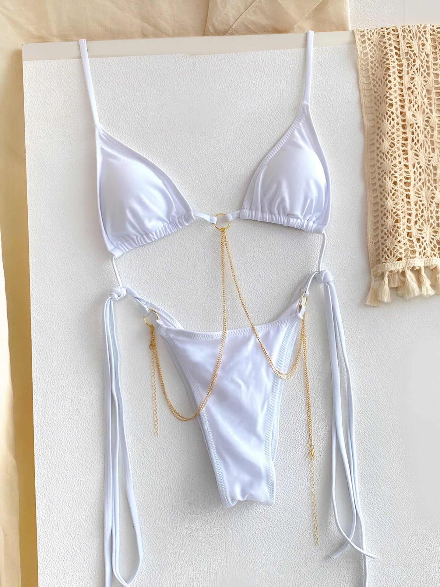 Sizzling Sexy Triangle Micro Thong White Bikini Sets