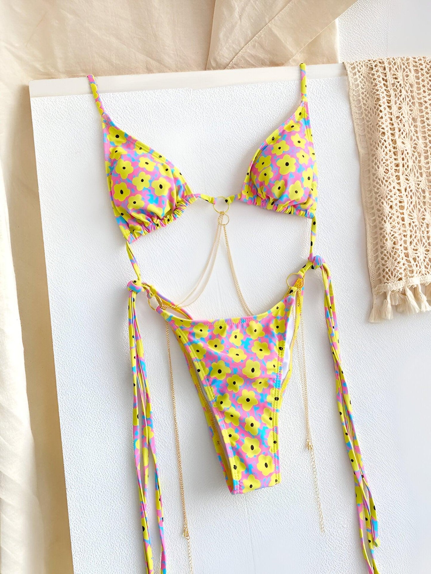 Sizzling Sexy Triangle Micro Thong Yellow Bikini Sets