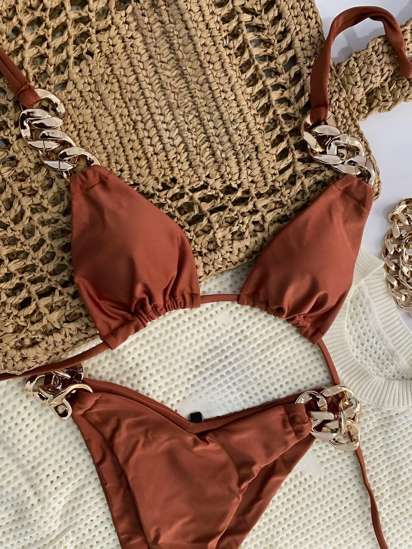 Triangle Bikini Set with Gold-Plated Accents - Luxury Brown Swimwear