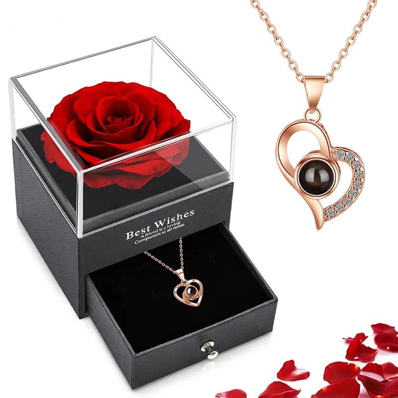 Projection Gold Necklace Set - 100 Languages 'I Love You' - Rose Gift Box