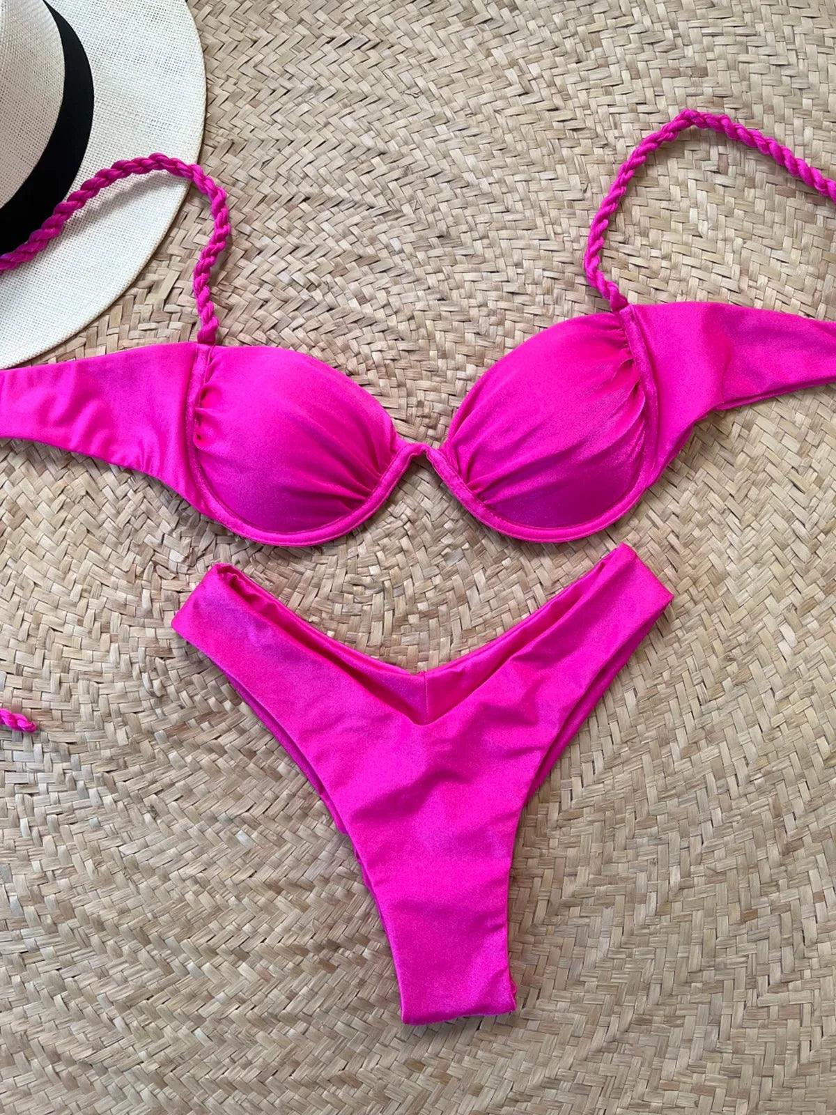 Summer Temptation Versatile Push-Up Hot Pink Bikini Set