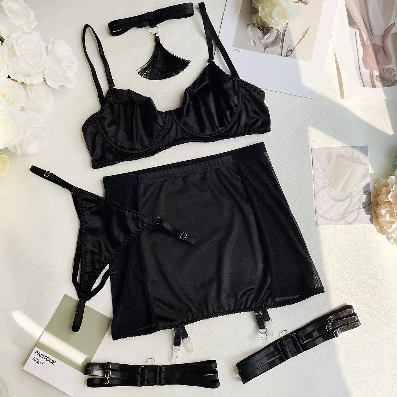 Black Lingerie Set: 5-Piece Garter Kit