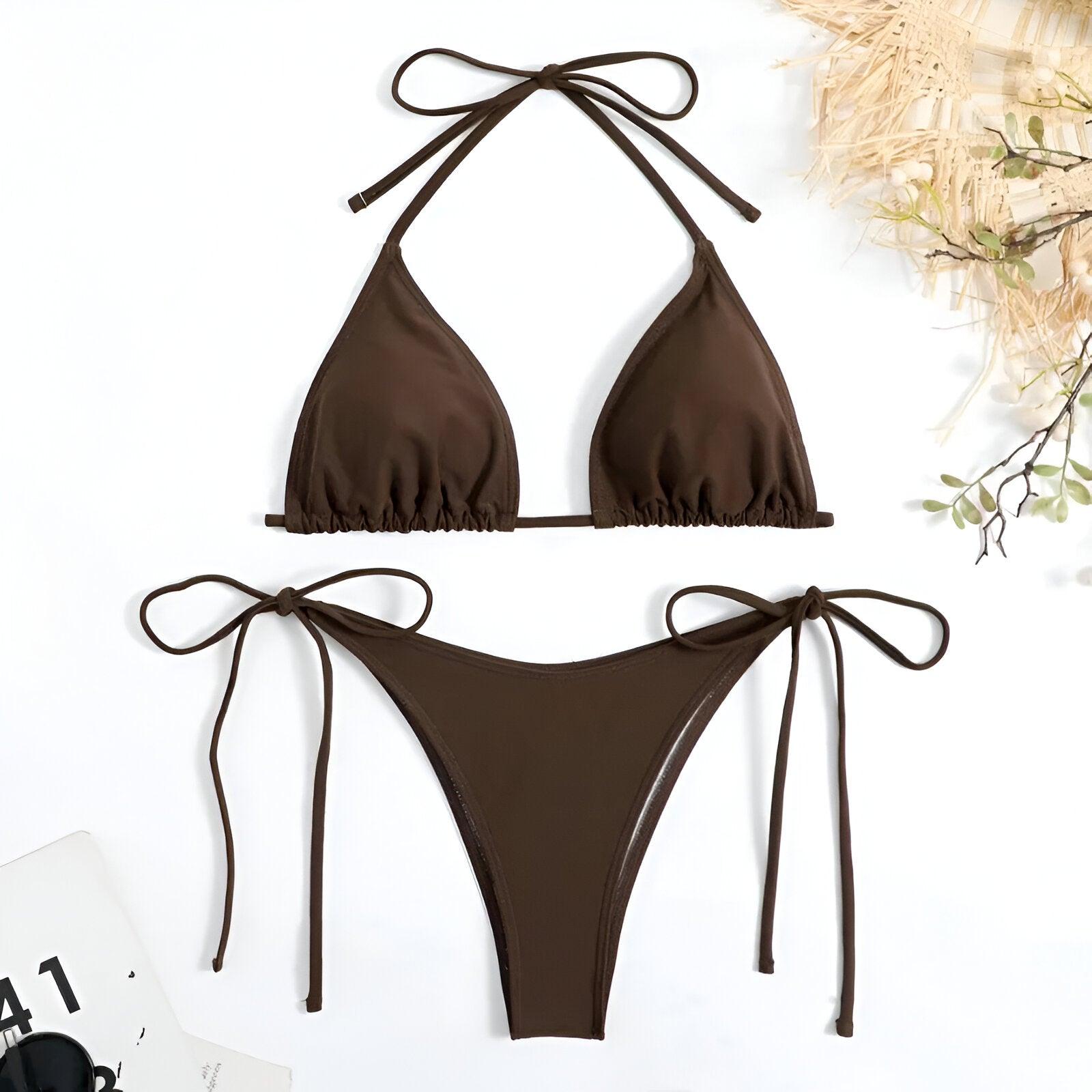 Tropical Temptation: Side Tie Thong Brown Bikini Set