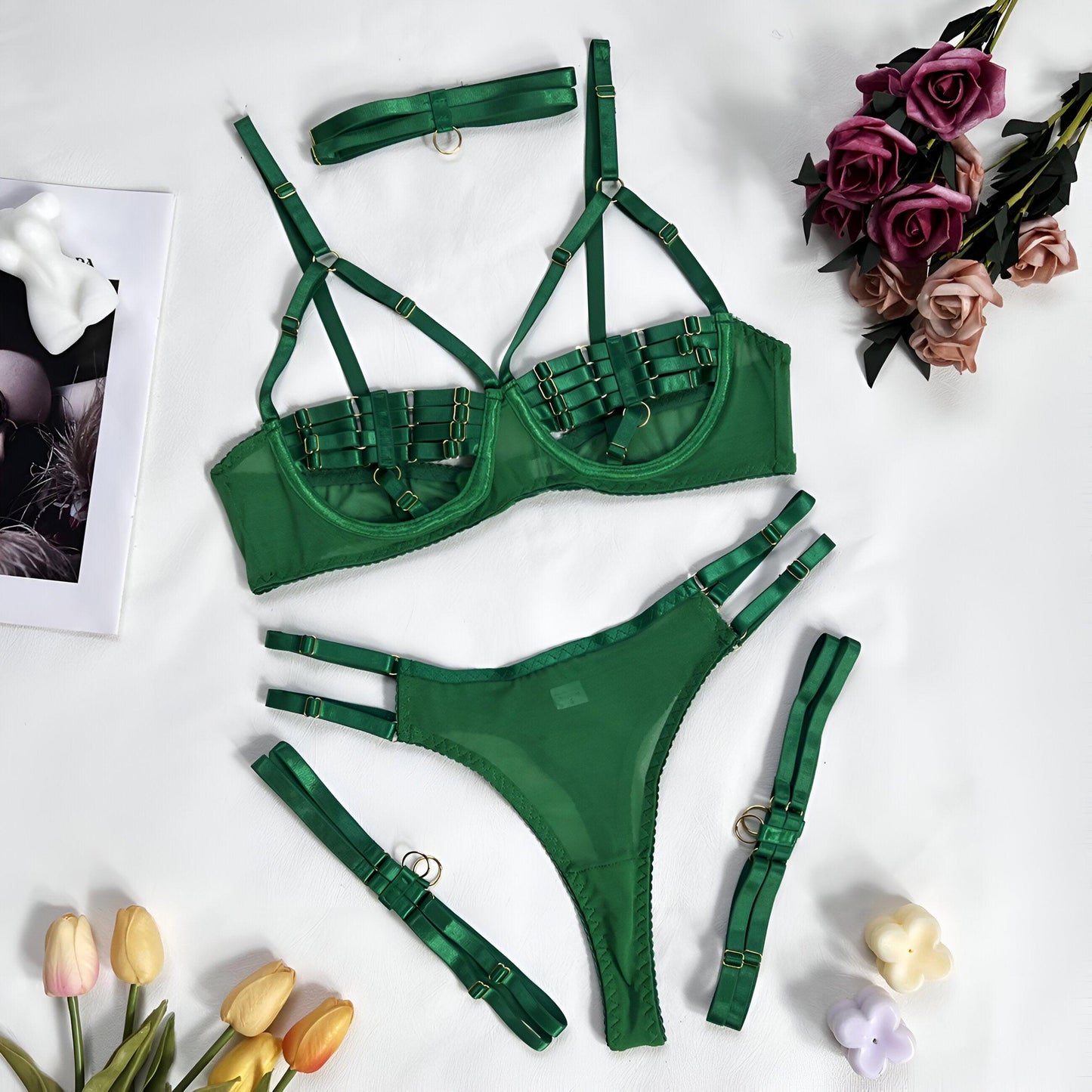 Unveiled Temptations Sensual 5-Piece Green Lingerie Set