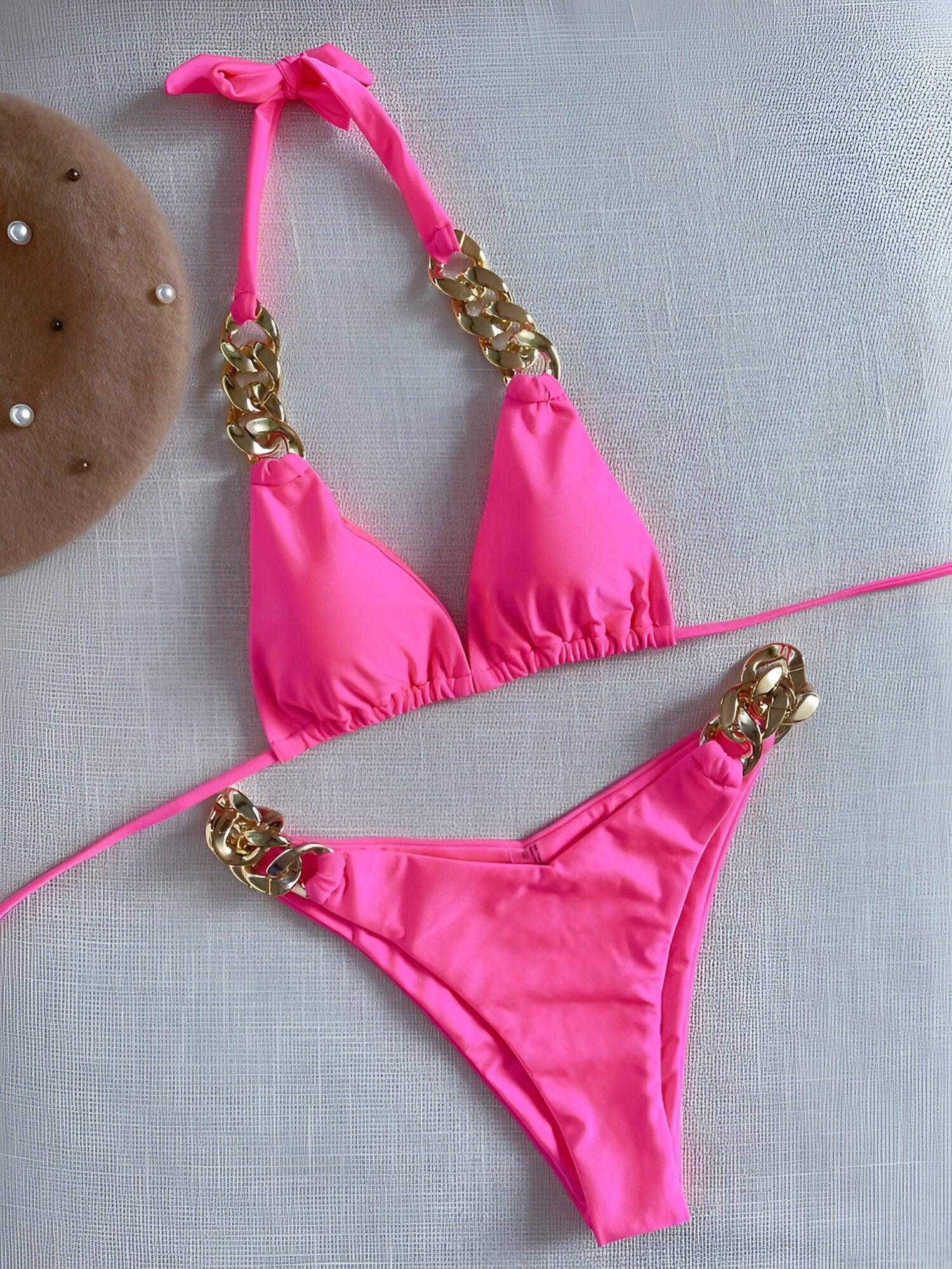 Triangle Bikini Set with Gold-Plated Accents - Luxury Pink Swimwear