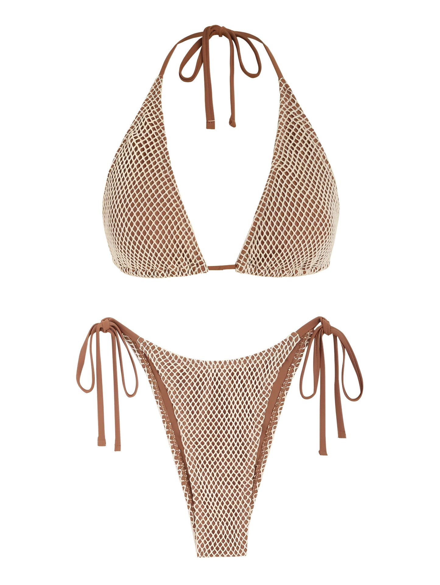 Fishnet Halter Bandeau Two-Piece Coffee Bikini Set