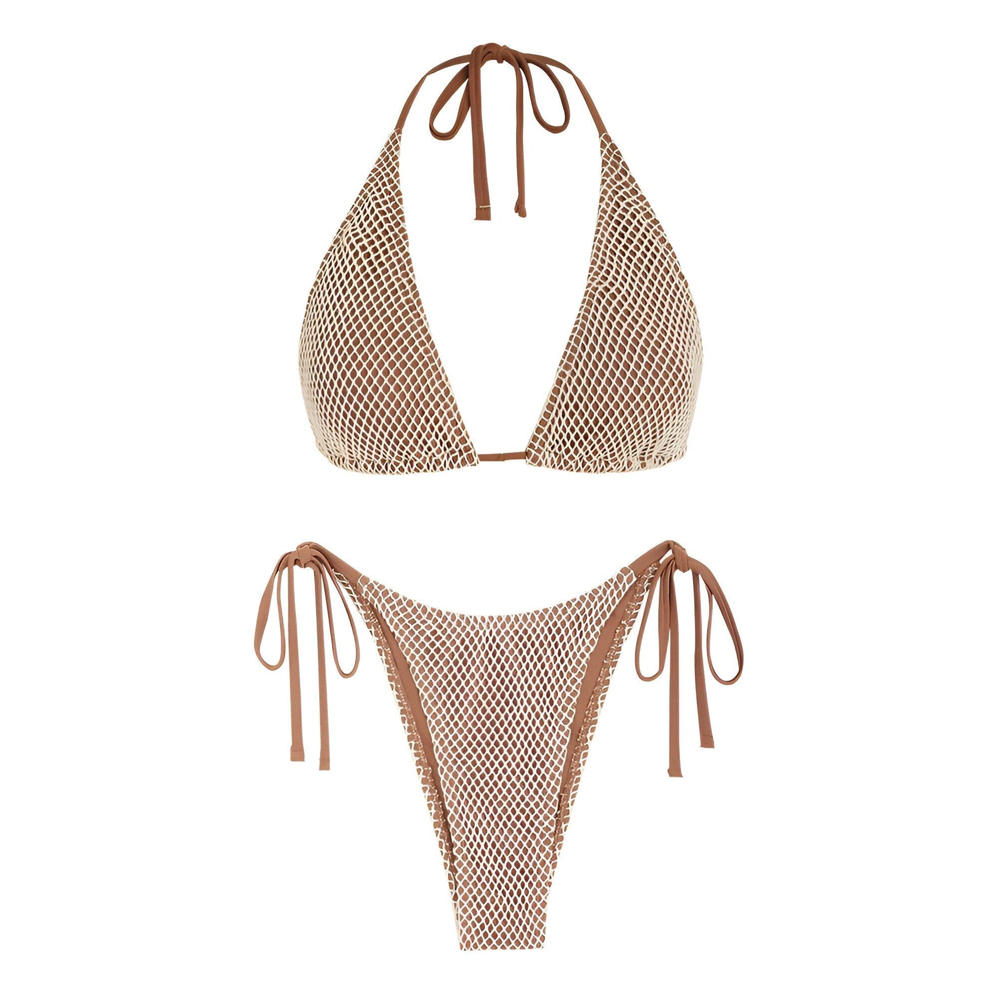 Fishnet Halter Bandeau Two-Piece Coffee Bikini Set