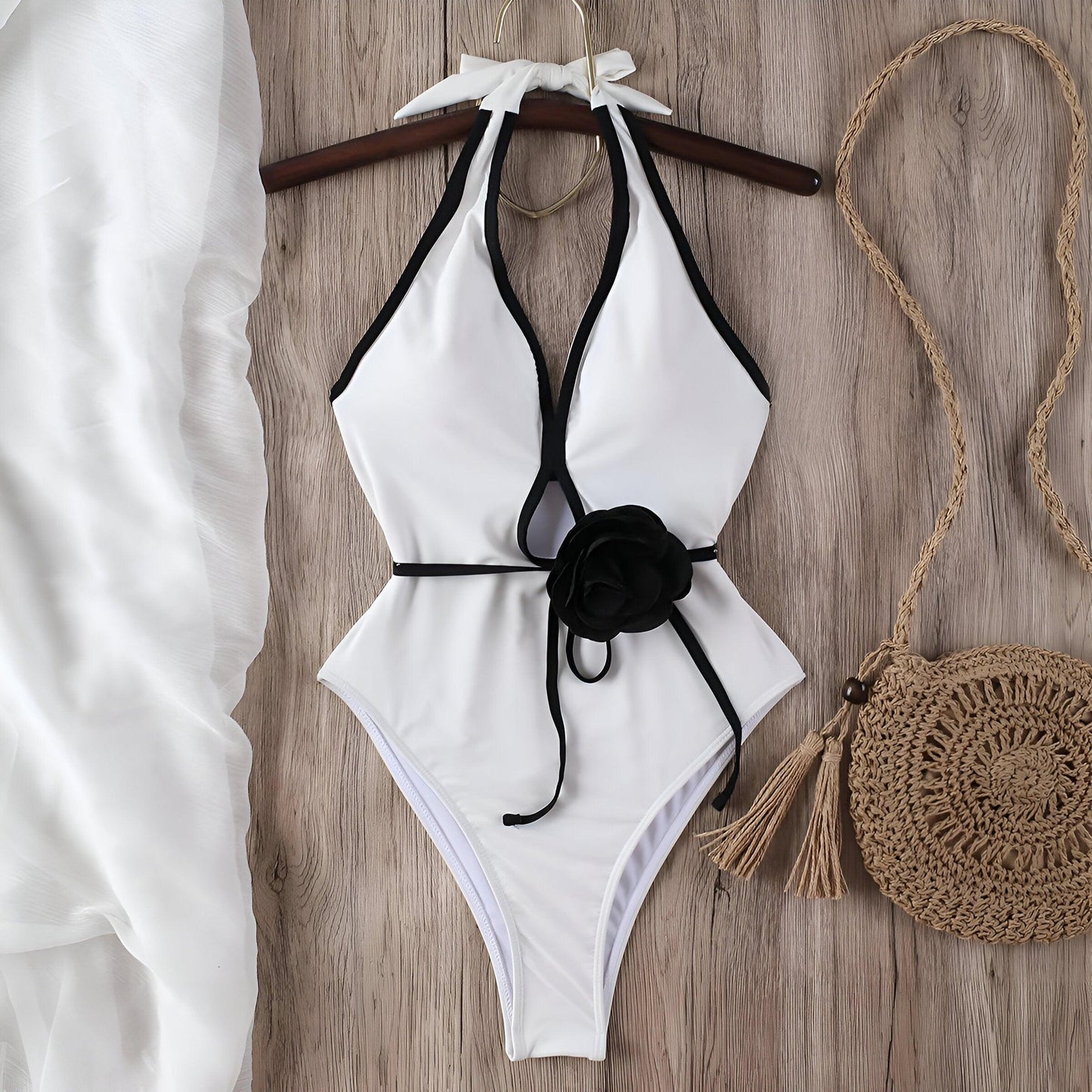 Floral Fantasy: Halter Bandage Monokini White Swimwear