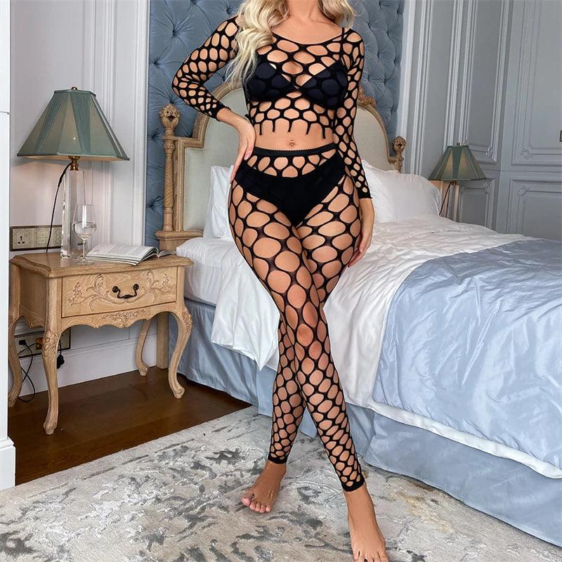 Seductive Mesh Temptation: Fishnet Black Lingerie Set